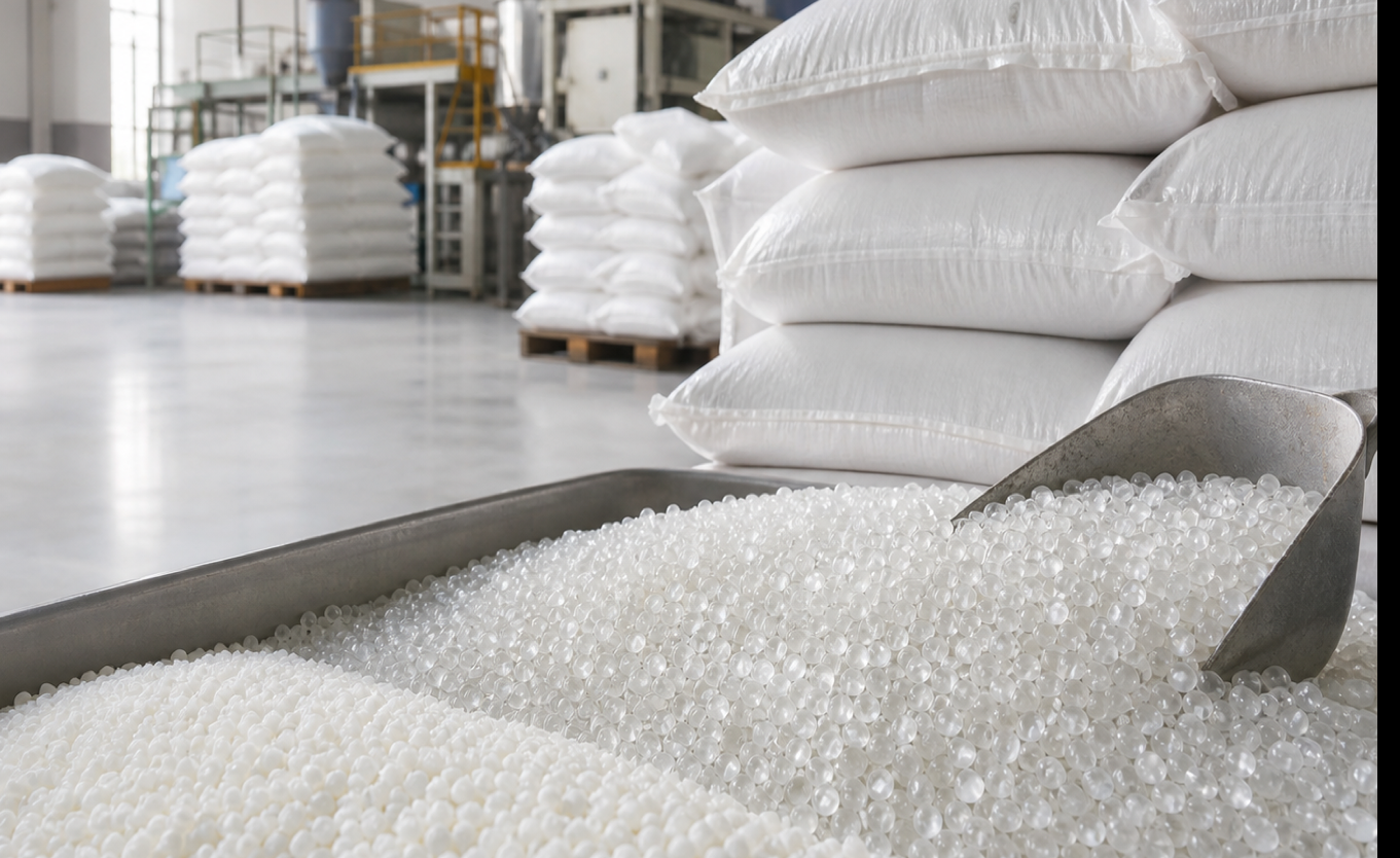 Polymer granules in an industrial raw material warehouse